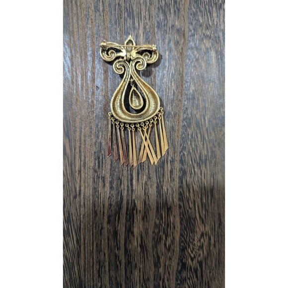 Vintage Gold-Tone Fleur de Lis Brooch With Dangling Tassels articulated Estate - Picture 9 of 9